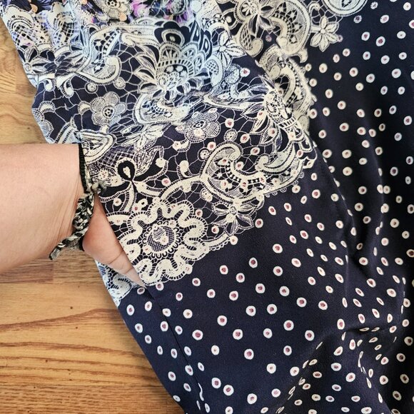 Saloni 100% Silk 3/4 Sleeves Lace Up Plunge Boho Tunic Mini Dress, US 4 - Picture 3 of 9